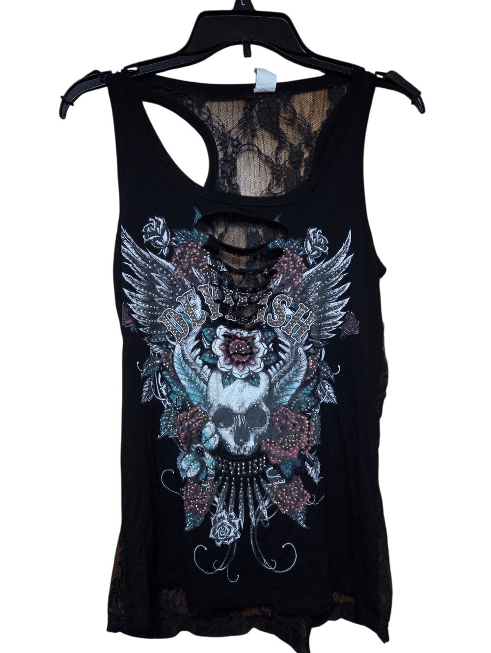 Liberty Wear Black Lace-Back Skull & Wings Graphic Tank Size Medium